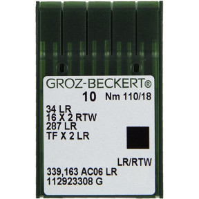 Игла Groz-Beckert 34LR, 16x2RTW, 287LR с тонкой колбой правая лопатка для кожи 10 шт/уп