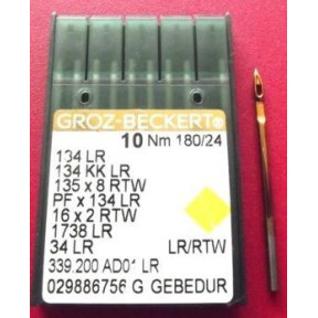Игла Groz-Beckert 134LR GEBEDUR с толстой колбой и позолотой для кожи, правая лопатка 10 шт/уп